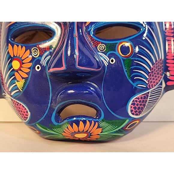 Vintage 1980s Mexican Redware Mask Hand Painted Hand Made Talavera Folk Art - Picture 4 of 12